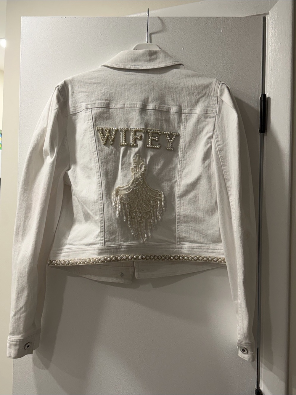 INC International Concepts White Embellished 'Wifey' Denim Jacket